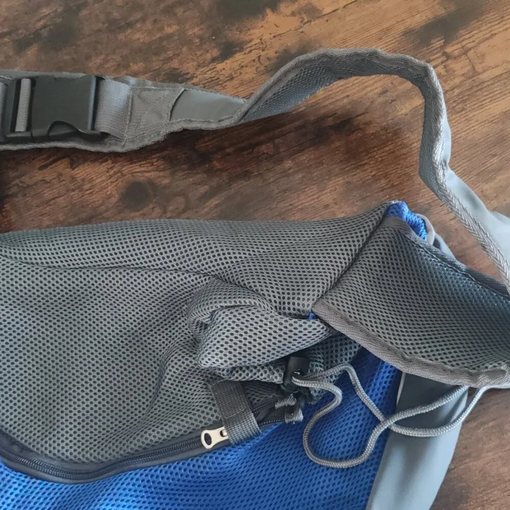 Gray & Blue Mesh Pet Sling Carrier – Adjustable Strap – Small Pet Travel Bag